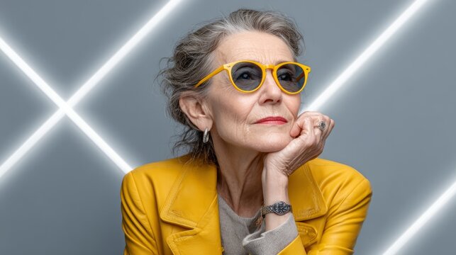 Portrait of elderly woman wearing yellow sunglasses and yellow jacket in studio
