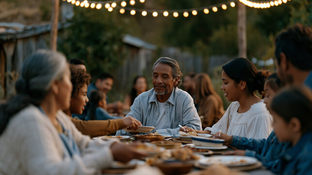 Extended Latino family crowds around a long outdoor table under string lights during a weekend cookout, multiple generations passing dishes, elders seated at the center flanked by