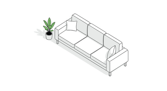 Modern gray three seater sofa with pillows placed next to a potted green plant in a clean isometric view graphic.