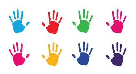 Fototapeta premium Colorful collection of eight human handprints in various bright shades arranged in two rows on a white background.