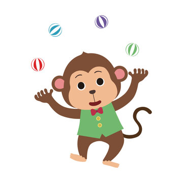 Cute circus monkey character juggling colorful striped balls. Flat vector illustration isolated for children design