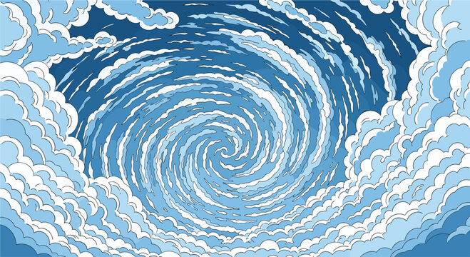 Dramatic pixel art depicting a vast blue sky with white clouds swirling in a massive spiral formation like a storm.