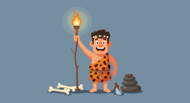 Cheerful cartoon caveman in a leopard print tunic holding a flaming torch standing near animal bones and stones.