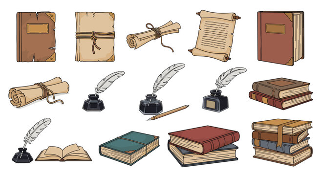 Various historical writing tools including quills, inkwells, old books, and scrolls in a detailed classic illustration.