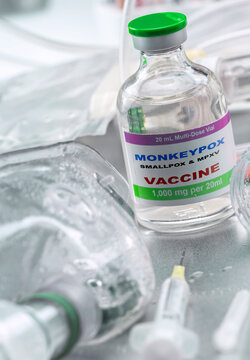 A vial of monkeypox vaccine in a laboratory, a conceptual image created in a studio