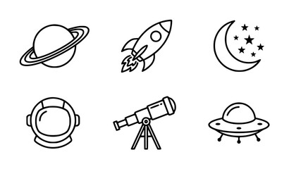 Outer space and astronomy line icon set featuring rocket spaceship planet saturn telescope astronaut helmet and ufo symbols © Mohammad