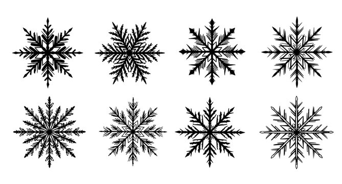 Winter snowflake crystal silhouette icon collection set featuring geometric ornate ice design elements isolated on white background