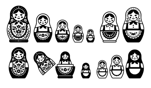 Russian nesting dolls matryoshka vector icon collection set with black and white folk patterns isolated on background