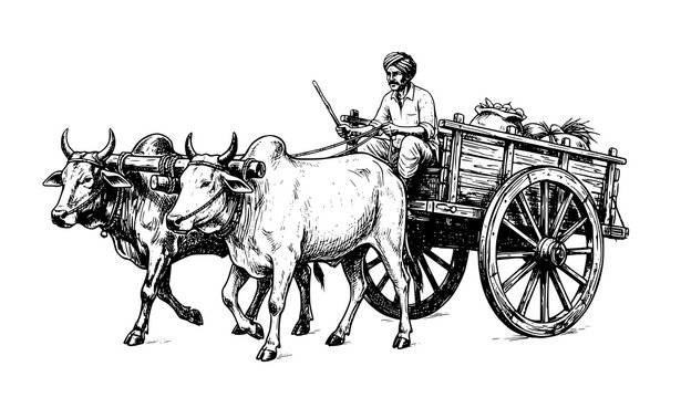 Traditional indian bullock cart vector illustration featuring rural farmer transporting agriculture harvest goods isolated on white background