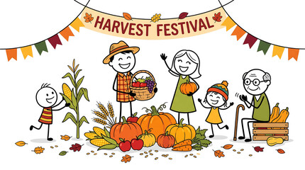 Fototapeta premium Stick Figures Celebrating Harvest Festival