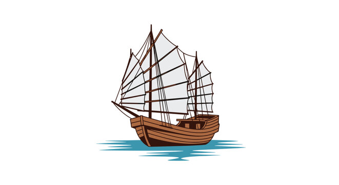 Traditional chinese junk ship sailing on blue ocean waves with its iconic brown wooden hull and multiple white sails in a detailed illustration.