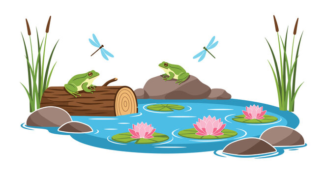 Vibrant pond scene showing frogs on a log and a rock near water lilies with blue dragonflies flying around the peaceful wetland environment.