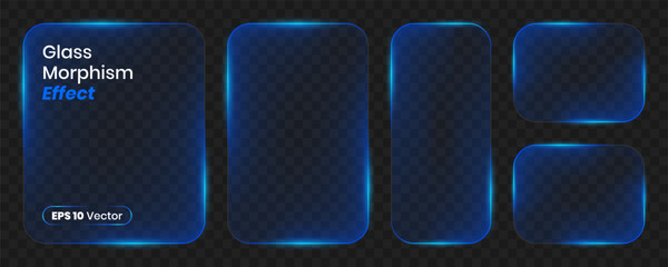 Set of blue glass frames with glowing neon borders. Transparent glass panels of different shapes light frames for user interface elements. © Designer Salim