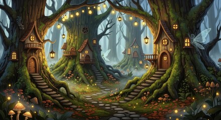 Fototapeta premium Whimsical forest with fairy houses trees.