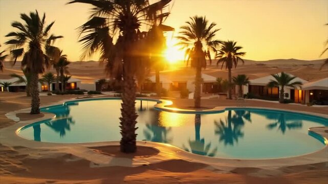A serene poolside scene unfolds at sunset with palm trees and buildings in a desert landscape.