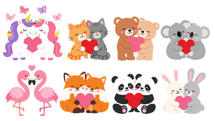 Fototapeta premium Cute animal couples holding hearts in cartoon vector set