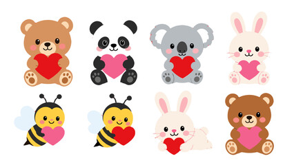 Obraz premium Cute animal characters holding heart shapes set