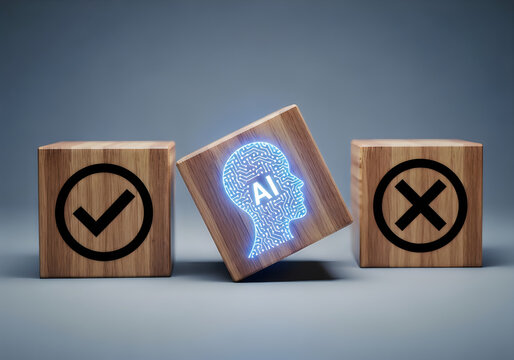 Wooden blocks with checkmark and cross symbols and AI human head icon