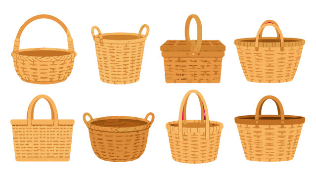 Set of woven wicker baskets and picnic hamper vector icons