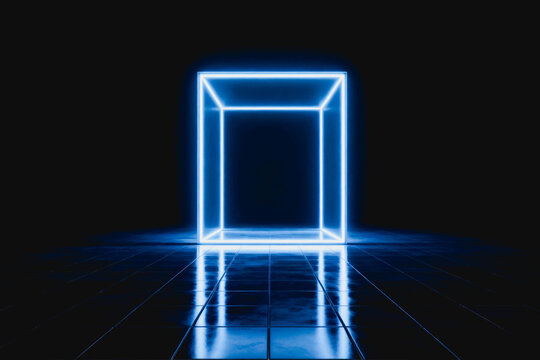 A 3D rendered glowing blue neon cube frame sits on a dark reflective tiled floor, creating a futuristic minimalist tech background.
