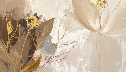 Obraz premium Contemporary abstract oil painting with bold textured strokes, delicate gold floral line drawings, botanical inspiration, neutral earthy tones, elegant composition.