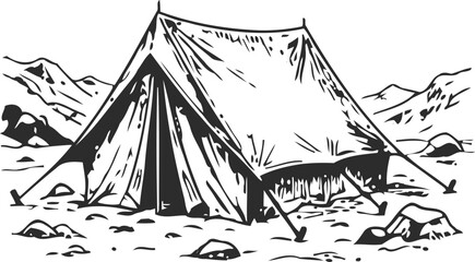 A vintage canvas tent pitched in a rocky mountainous landscape rendered in a detailed black and white engraving style for outdoor adventure themes © Mahi Fattah
