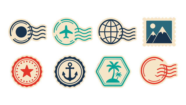 Vintage travel postage stamp icons and postal mark set
