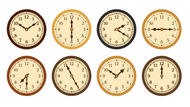 Set of eight round analog clock faces in vintage vector style