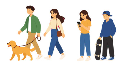 Cartoon young people walking, using phone, dog and skateboard © Andrei