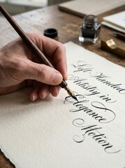 Fototapeta premium Close-up of a left-handed hand holding a pen and writing calligraphic text, with a focus on details, high-quality, sharp, and detailed photo.