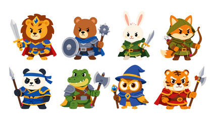 Naklejka premium Cute fantasy animal warrior characters vector set