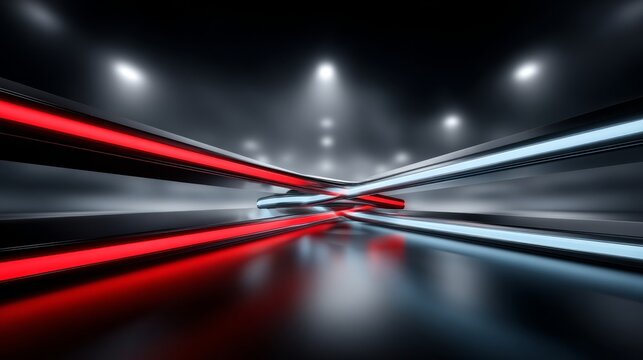 Neon lights intersecting in a dark space create a dynamic visual experience