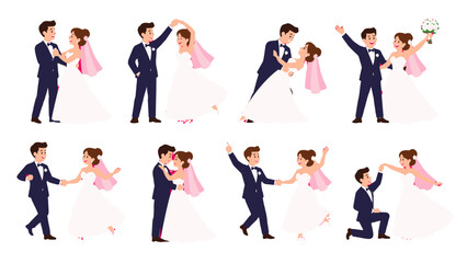Obraz premium Wedding couple in different poses set isolated on white