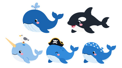 Cute cartoon whale and orca characters set in flat vector style © Andrei