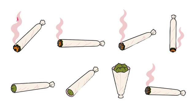 Set of hand drawn smoking and unlit rolled joints
