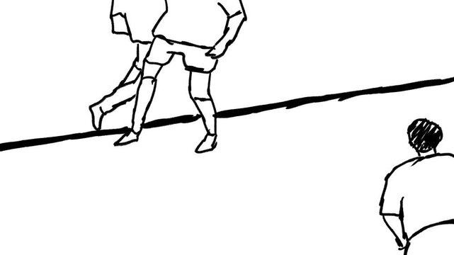 rotoscope animation of football player dribbling the ball passing other player. scribble raw sketch hand drawn style. available in 3 background color choice, white, green and black