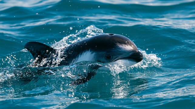 Small, adorable Hector's dolphin prepares to rise in the ocean's bright blue water.
