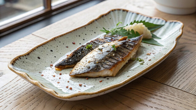 Photorealistic grilled mackerel on rustic ceramic plate with wood table daikon shiso and soft smoky window light