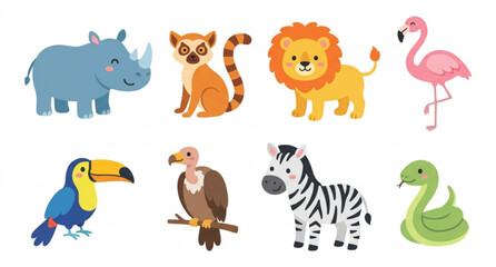 Cute Savannah Animals Flat Vector Set with Rhino Lemur Lion Flamingo Toucan Vulture Snake and Zebra © Sohan