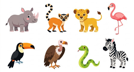 Children Savannah Wildlife Character Set Flat Vector Illustration Isolated on White Background © Sohan