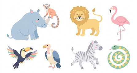 Whimsical Savannah Animal Nursery Vector Set with Lion Zebra Rhino Flamingo Toucan and Lemur © Sohan