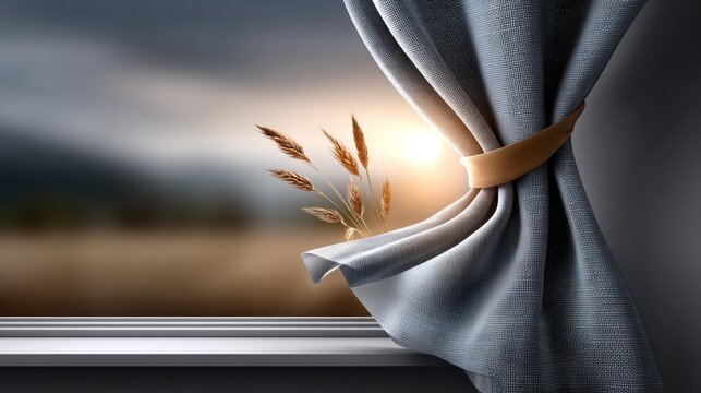 Curtain draws aside revealing a glimpse of nature beyond with golden light