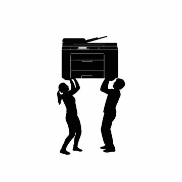 Two people lifting a large office printer together effortlessly.