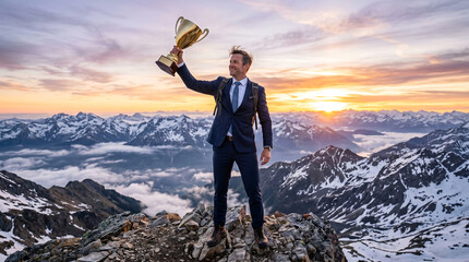Obraz premium Businessman celebrating success on mountain peak