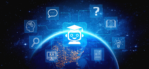 Obraz premium Digital Learning and Technology Integration Concept with Illustrations Representing Knowledge, Inquiry, and Communication on Globe. Entropy.