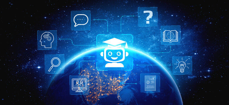 Digital Learning and Technology Integration Concept with Illustrations Representing Knowledge, Inquiry, and Communication on Globe. Entropy.