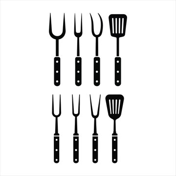 Black silhouette of eight barbecue grilling tools Keywords: barbecue, grill, tools, utensils