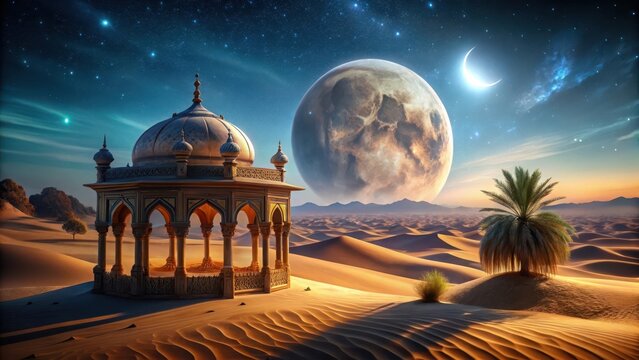 Serene desert landscape with moon and ornate structure at night