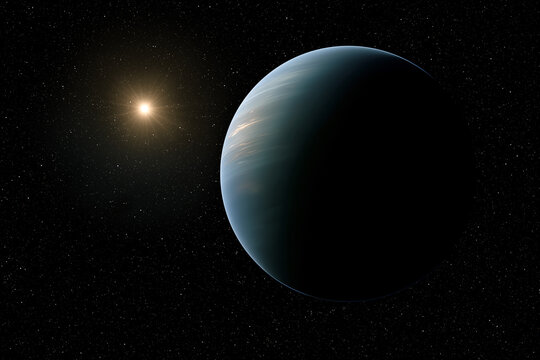 Illustation d'une sous-Neptune, une exoplan&egrave;te ayant entre 2 et 10 fois la masse de la Terre et une taille comprise en ~1,4 et 3,5 fois le rayon de la Terre.