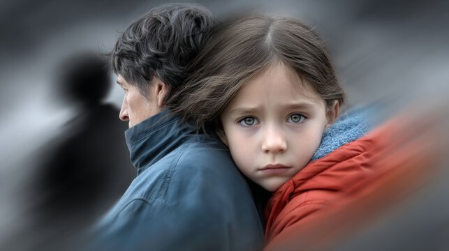 A child clings to an adult while looking thoughtfully into the distance on a busy street
